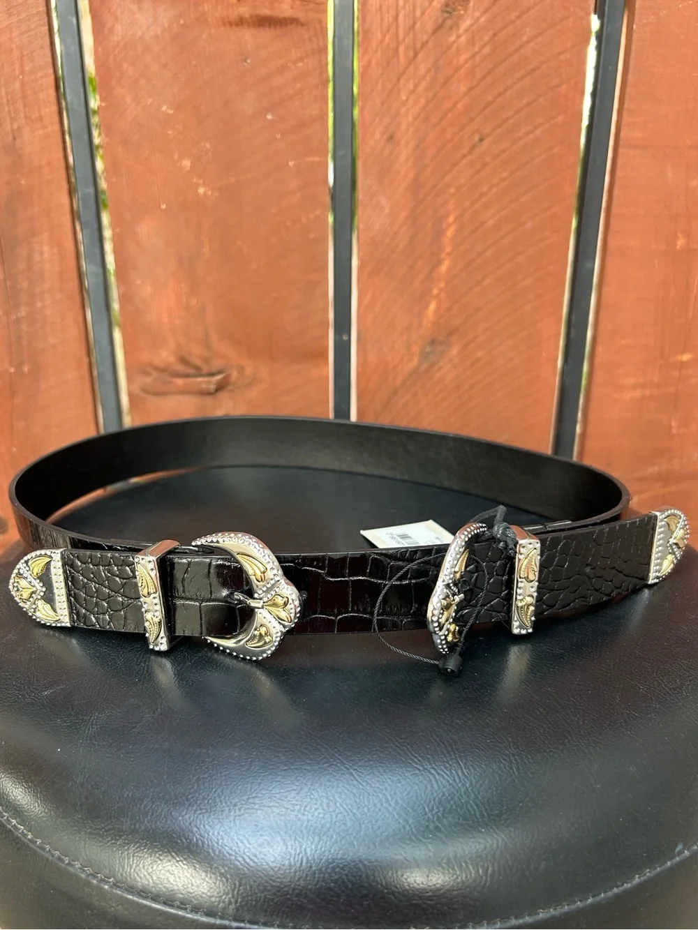 Maje Western two buckle size 2 NWT Ariona croc embossed  belt